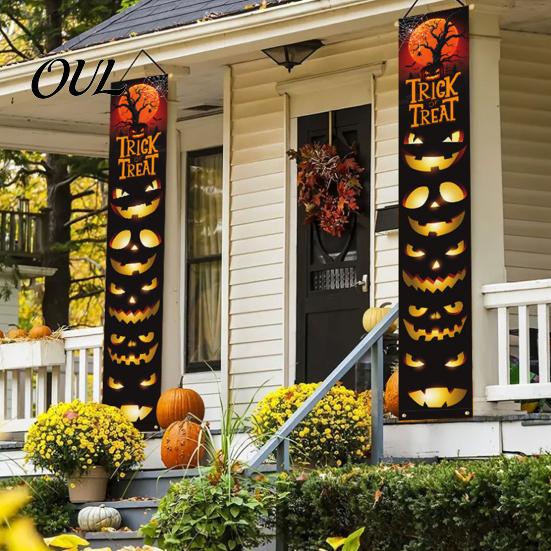 Durable Fabric Banner Halloween Porch Sign Banner, Pumpkin Ghost Party Awning Hanging Wall Decorative Holiday Door Decoration, Front Wreath