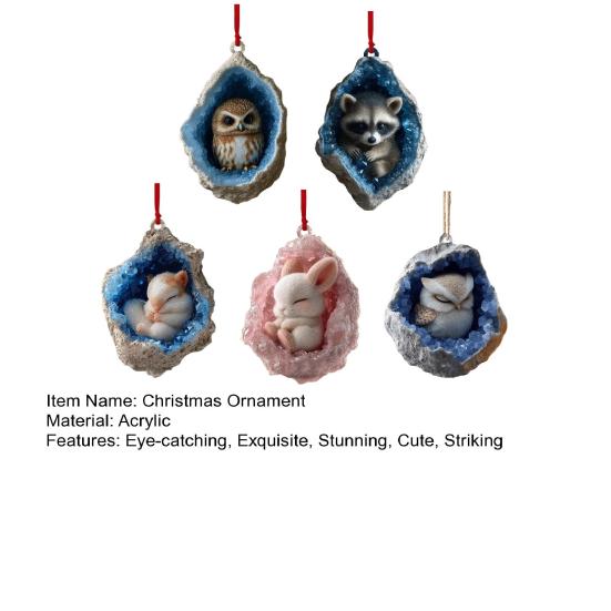 Geode Animal Christmas Ornament 2D Acrylic Crystal Cave Little Forest Animals Hanging Ornament for Xmas Tree Holiday Home Party Decor