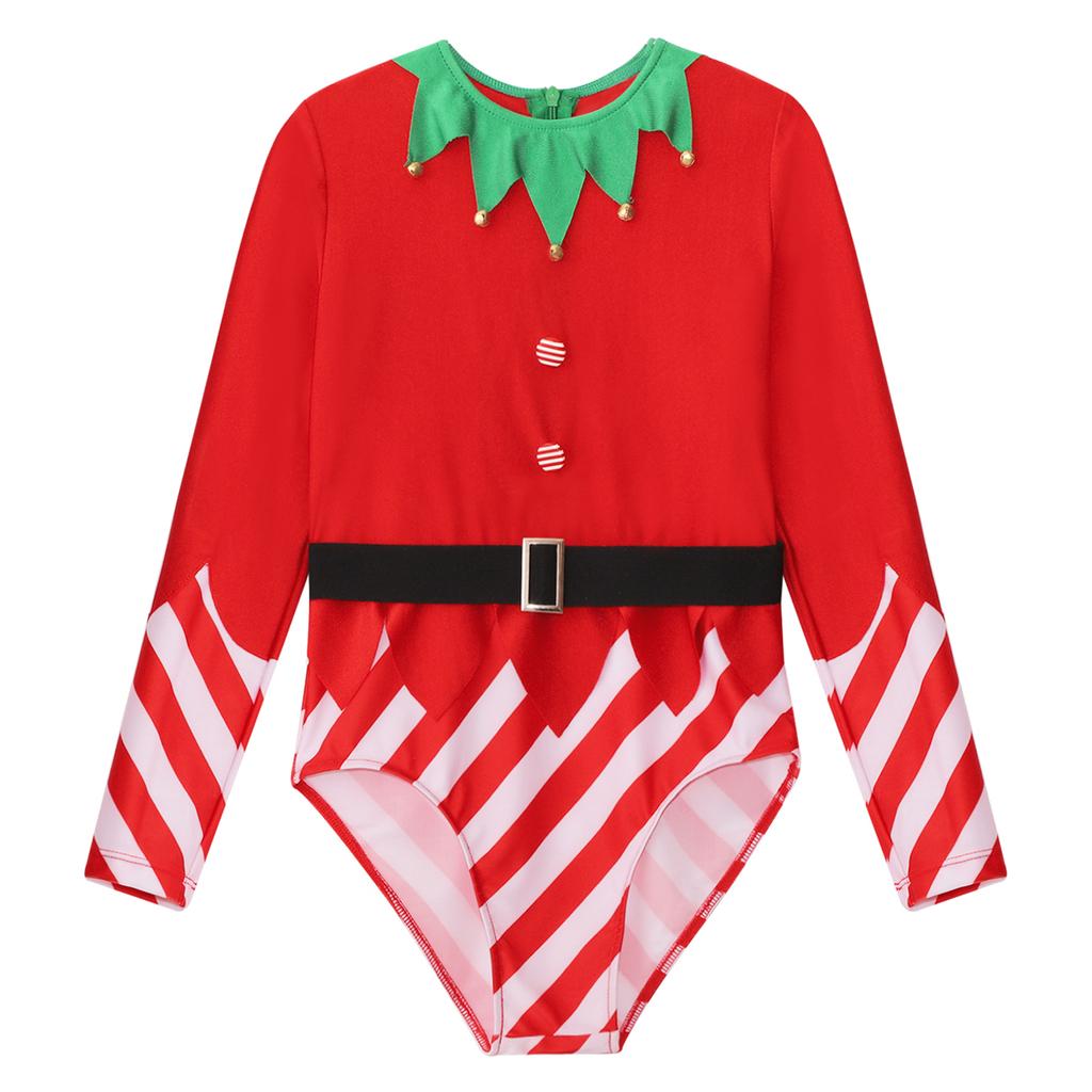 Kids Dance Leotard Christmas Costume Long Sleeve Stripes Brass Bells Belt Athletic Wear