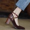 Chengdu Style ~ Retro Leather Nubuckle Splicing Small Square Toe Cross Buckle Single Shoes Women's Spring Thick Heels High Heels