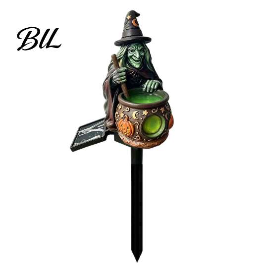 Waterproof Lawn Ornament for Yard Solar Witch Cauldron Garden Stake Light, Resin Halloween Glowing Pathway Powered Light Lamp, Outdoor Decor Tabletop