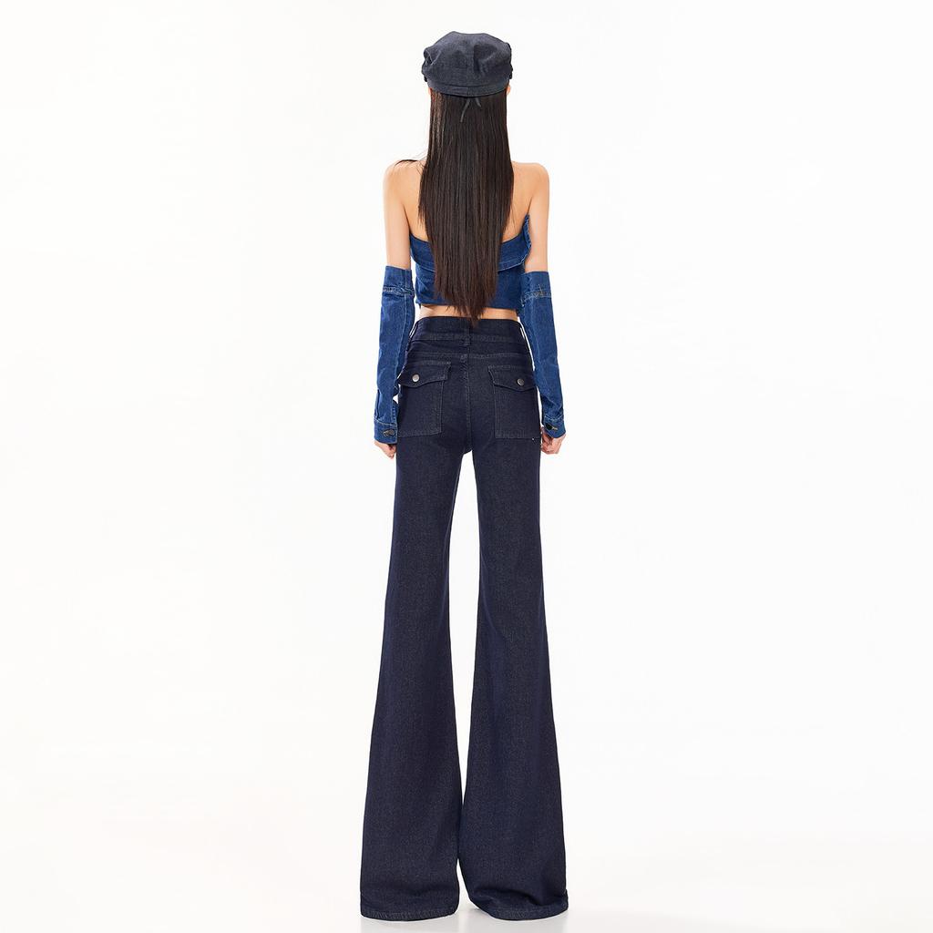 American denim flared pants spring and summer design sense retro new buttons are thin and slim mopping the floor