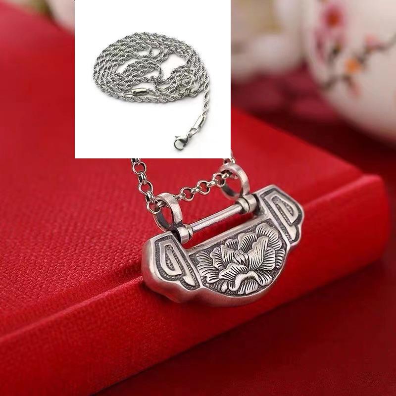 S990 Sterling Silver Cloisonné Lotus Ruyi Lock Flower Pendant Necklace - Ethnic Style Exquisite Design
