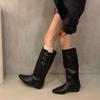 Fashion Cosy Soft Leather Women Knight Long Boots Fashion Button Combination Splicing Female Western Cowboy Booties