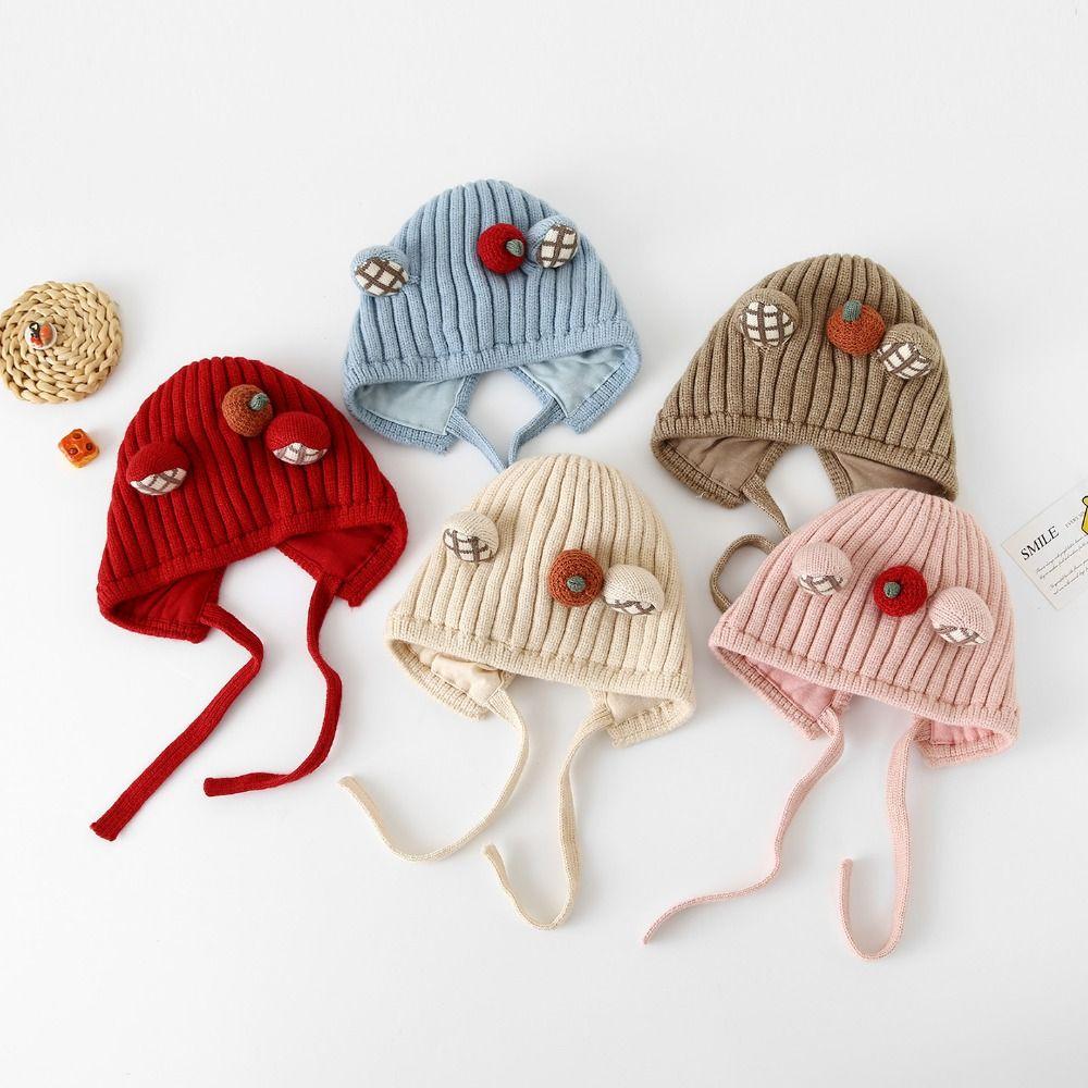 with Plaid Ear Details Infant Knit Hat Cold Protection Baby Bonnet Infant Outdoor Use