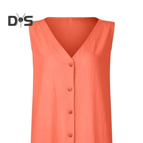 Летнее платье с V-образным вырезом, без рукавов, на пуговицах, свободное А-силуэтное плиссированное платье миди с карманами, однотонное пляжное платье