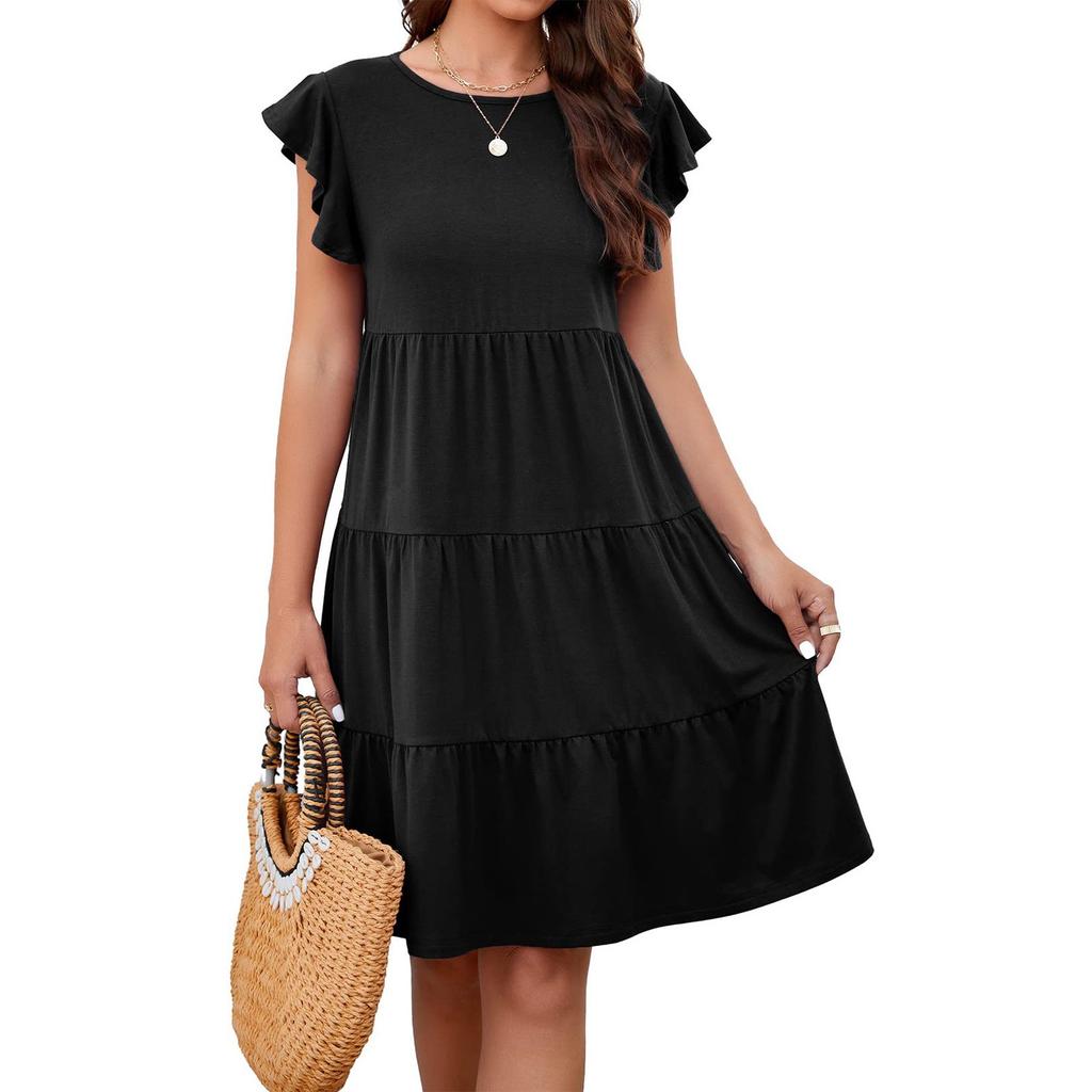 Summer Beach Dress For Women Casual Round Neck Tunic Ruffle Short Sleeve A-Line Tiered Babydoll Dress Flowy  Dress