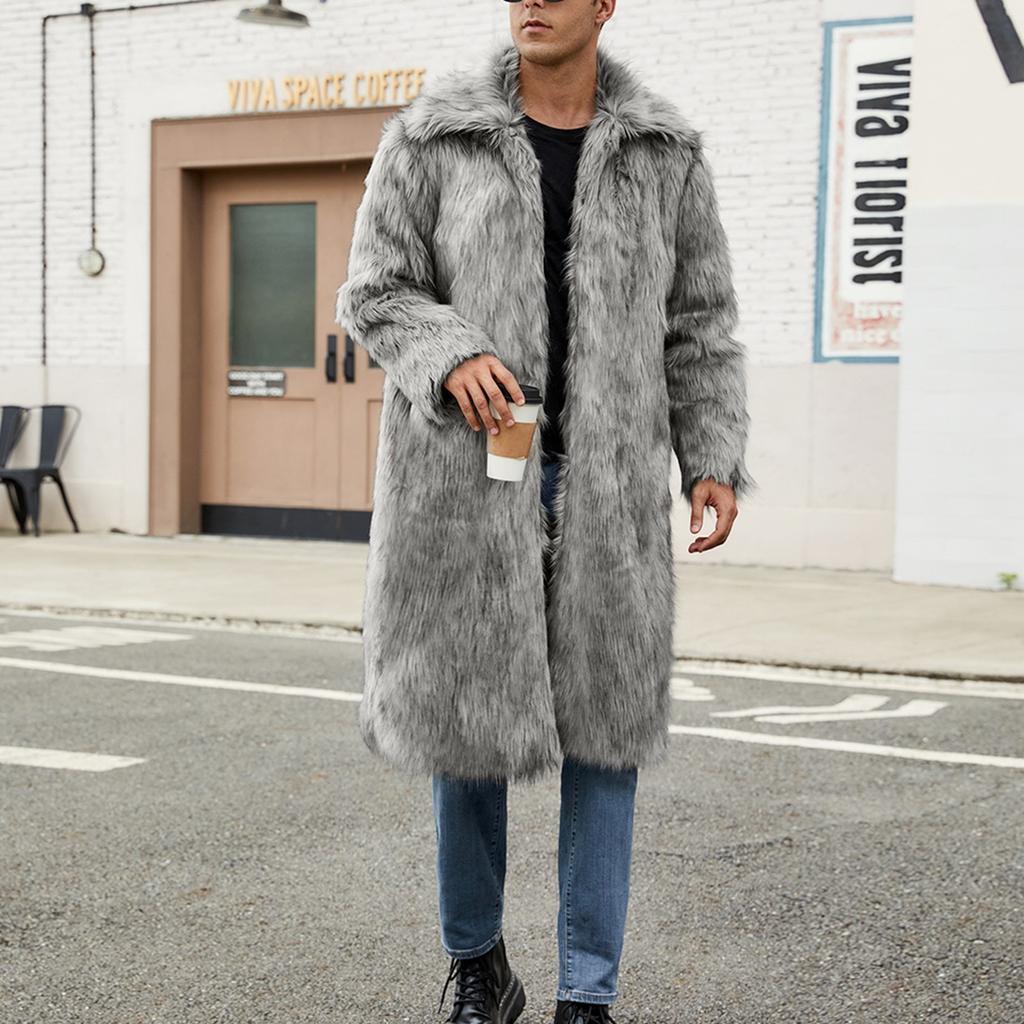 Men's Faux Animal Hair Long Coat Warm Overcoat Turn Down Collar Coat Cardigan Winter Fuzzy Fleece Jacket Open Front