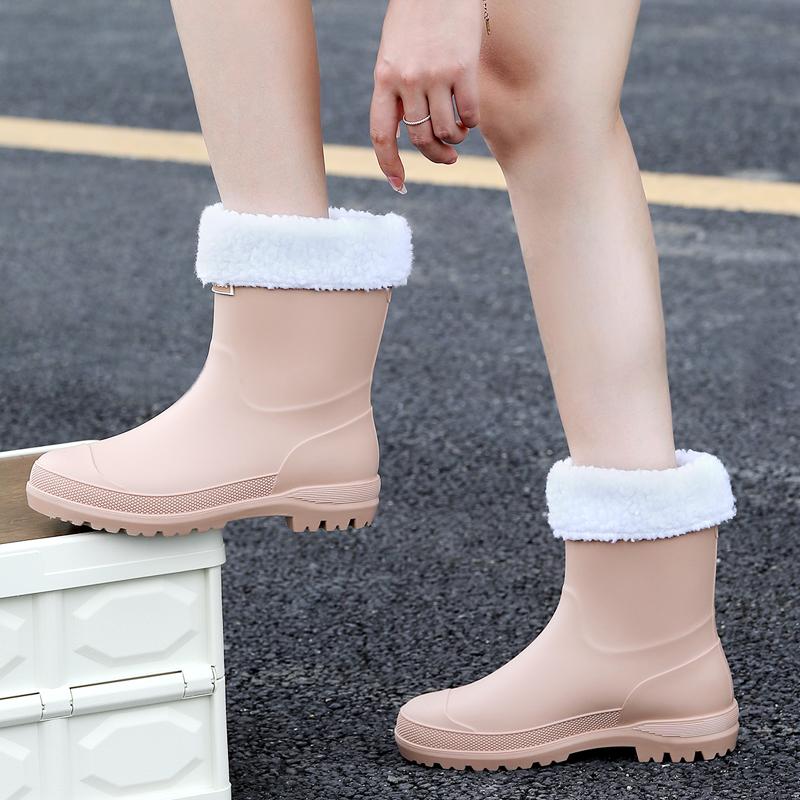 Женские новые модные резиновые сапоги до середины голени, водонепроницаемые нескользящие резиновые туфли с ПВХ-стелькой, круглый носок для кемпинга и пешего туризма на открытом воздухе