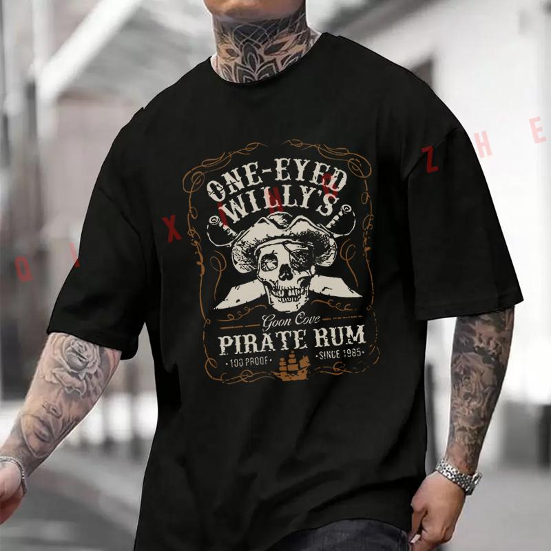 Vintage Pirate With One-Eyed Willy's Skull & Swords Design Moto Men's Summer Cotton T-shirt Short Sleeved Casual Round Neck Tops
