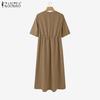 ZANZEA Women Casual V-Neck Half Sleeve Solid Color Loose Long Dress