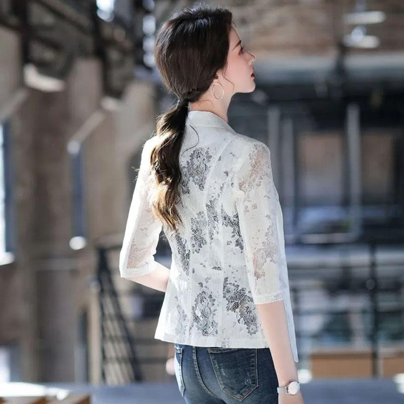 Кружевной костюм с принтом, утягивающий костюм в Корейском стиле, весенне-летняя мода в женском стиле, тонкий тонкий костюм, пальто, женский солнцезащитный крем