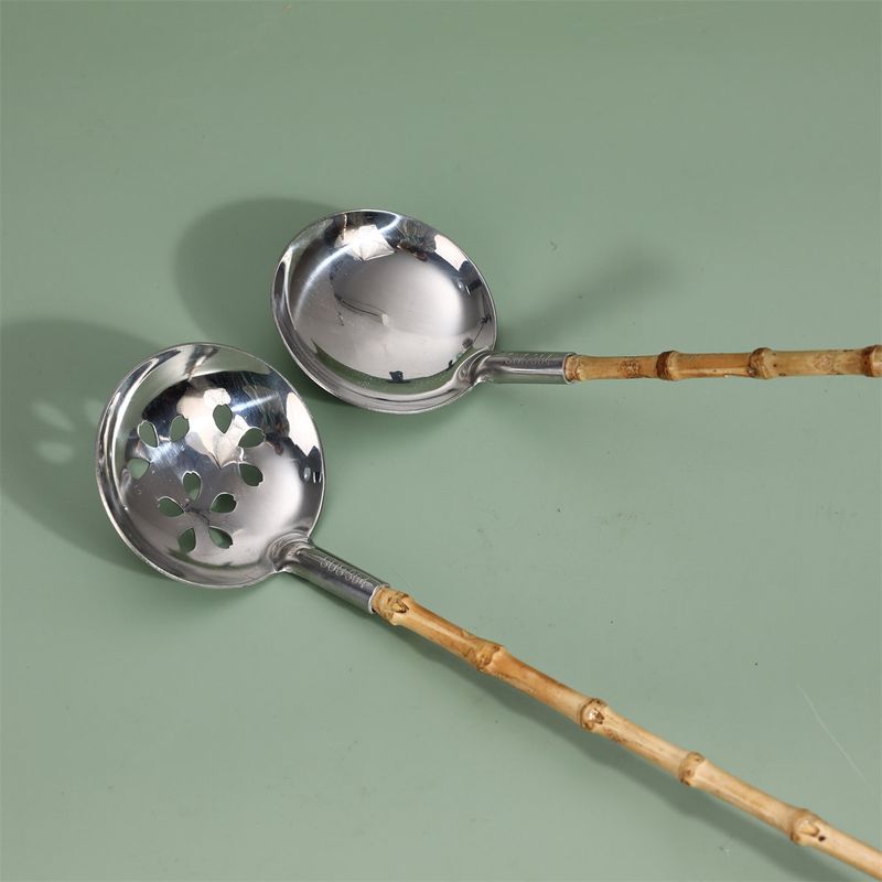 Tableware Bamboo Soup Spoon Japanese Cuisine Bamboo Handle Skimmer 304 Stainless Steel Spoon Restaurant Bamboo Spoon Bamboo Root Hot Pot Spoon