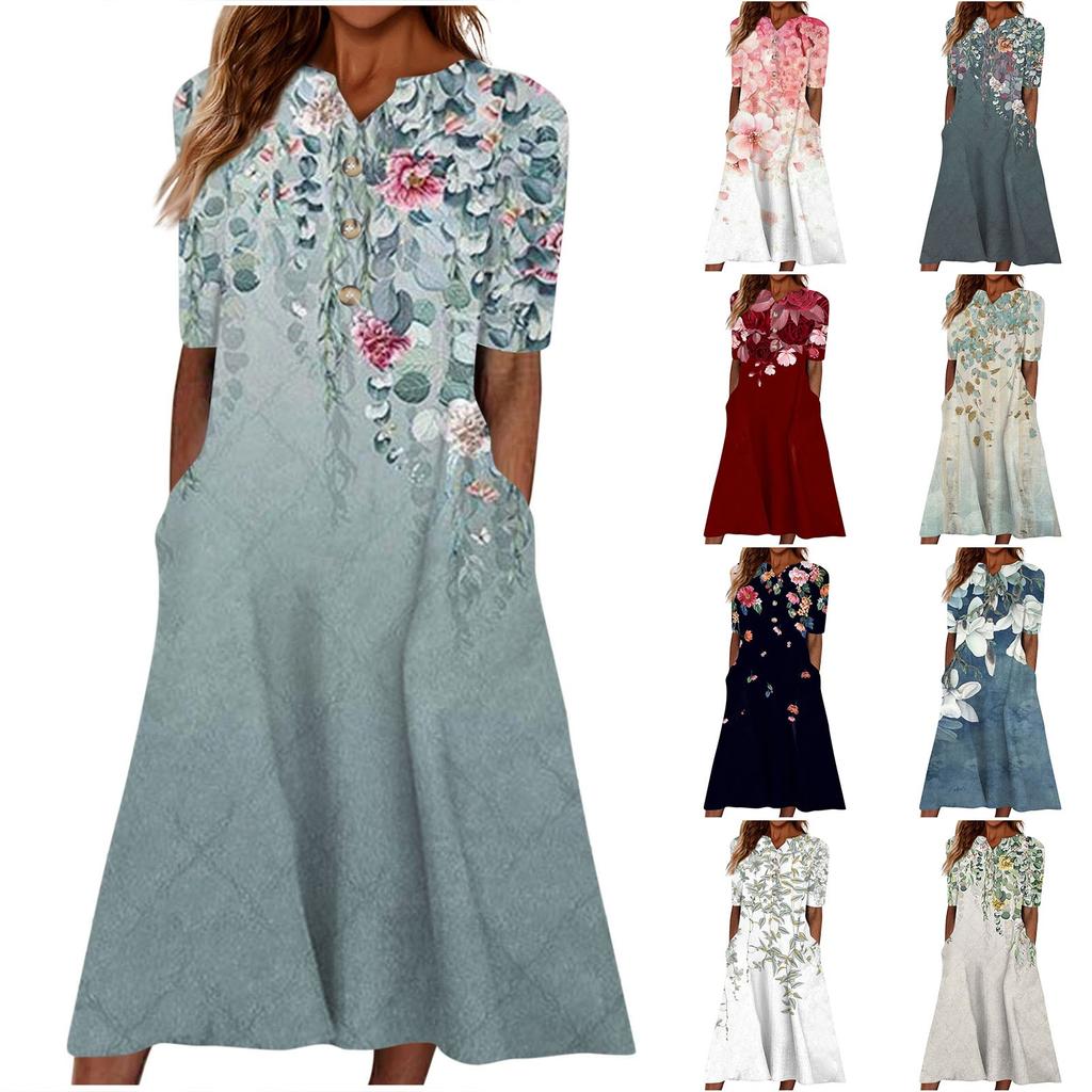Women's Summer Casual Printed V-Neck Short-Sleeve Swing Dress