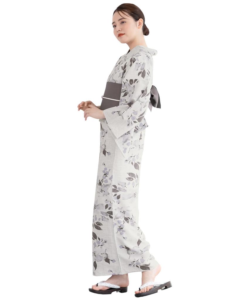 SOUBIEN Yukata Set and Geta One Size Fits Gray with Purple and Cherry Blossom Women's 3-Piece (Yukata, Half-Width Obi, Sandals), Moisture-Wicking,