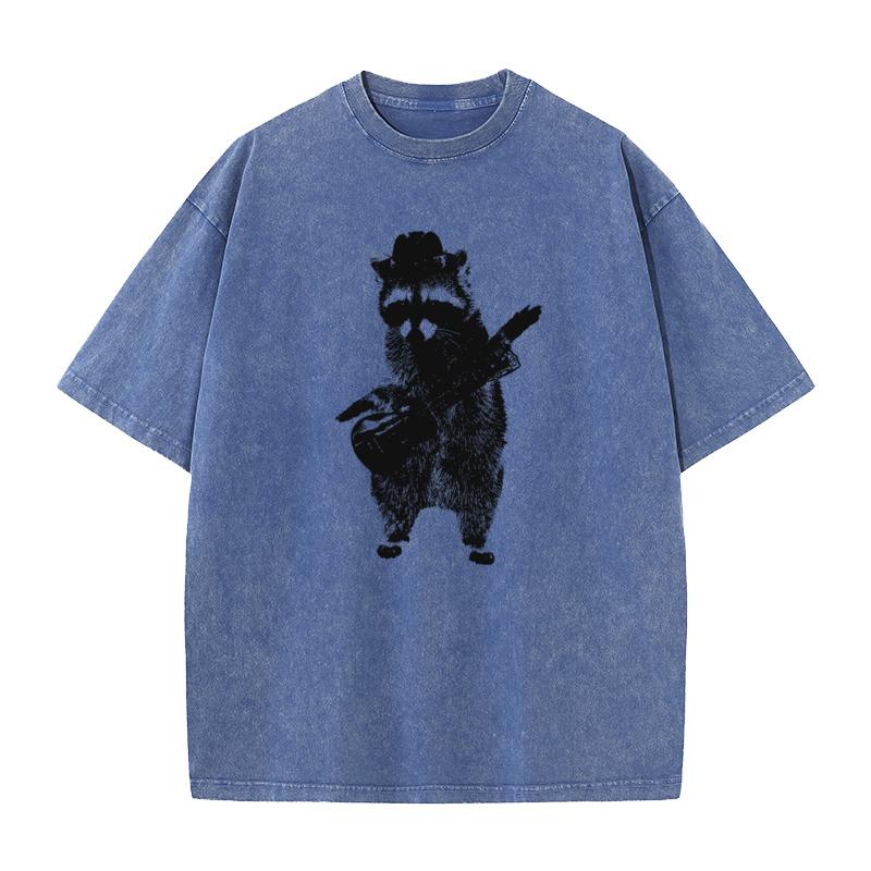Raccoon Playing The Guitar Tops Tees Discount Crewneck Geek Short Sleeve All Cotton Male Washed T Shirt Slogan Washed Tees