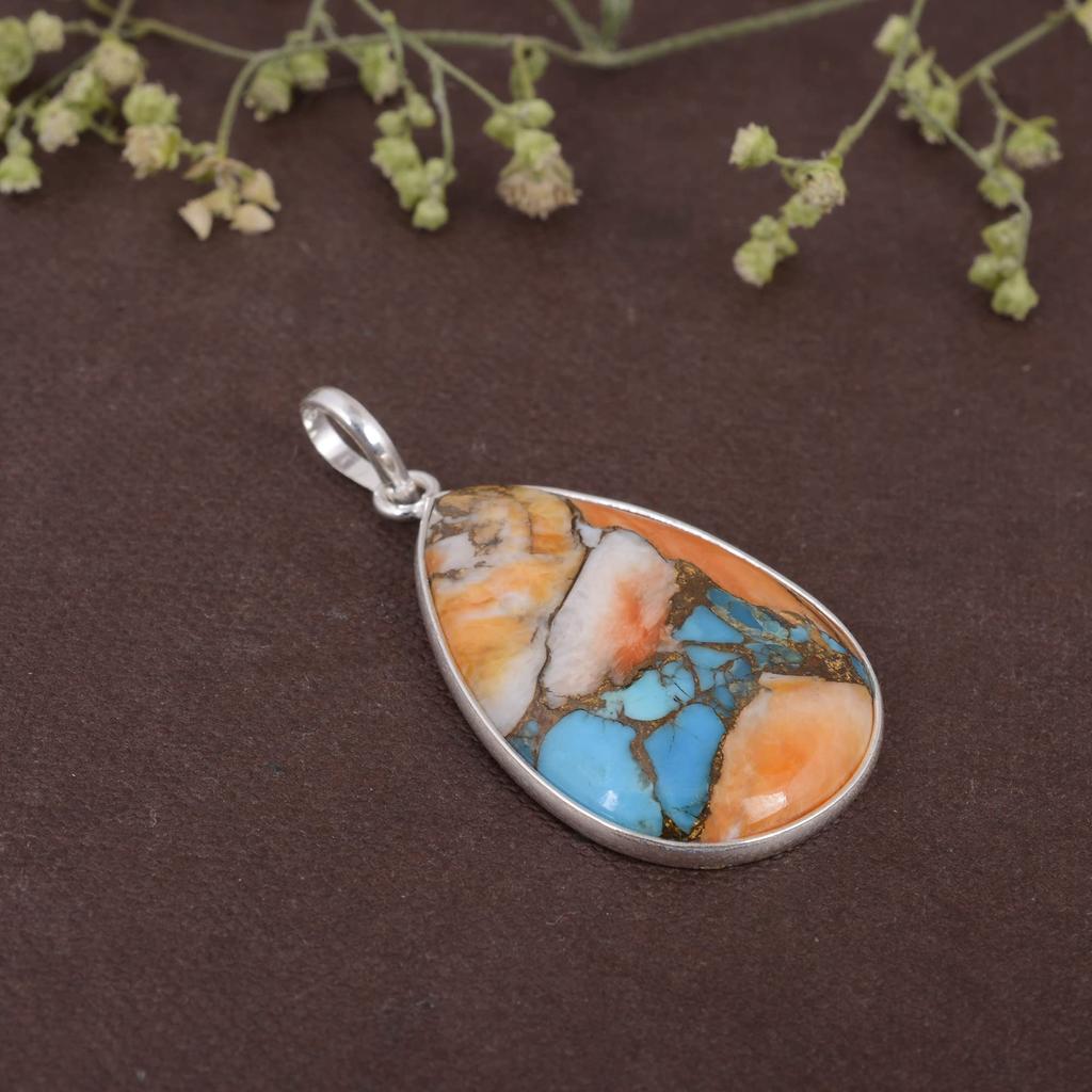 Устричная медная бирюзовая подвеска Pera Cabochon Solid 925 Sterling Silver Gemstone Подвеска без цепных украшений для женщин или девочек - 5,09 Gms