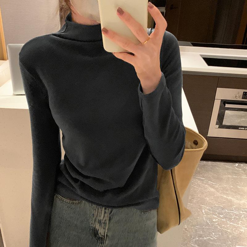 Однотонная рубашка с воротником-полуворотом для женщин на осень и зиму, новая облегающая футболка с короткими внутренними длинными рукавами, универсальный топ