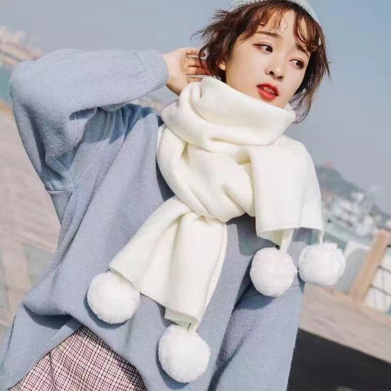 Scarf Winter New Korean Version Baiqiu Winter Solid Color Student White Hanging Ball Knitted Wool Winter Girl Scarf