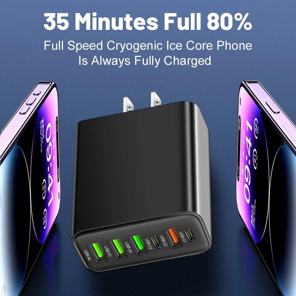 Всего 65 Вт 6 в 1 4 USB и 2 Type C Быстрая зарядка Быстрое настенное зарядное устройство для iPhone Samsung Xiaomi Oppo Адаптер для мобильного телефона