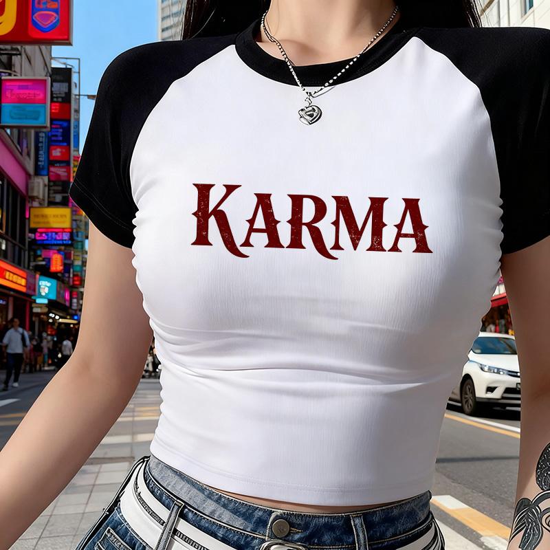 Women's Sexy Short Sleeve Tshirt Spring Summer Crew Neck Cropped T Shirt Y2K Style Crop Tops with Letter KARMA Print Clothes
