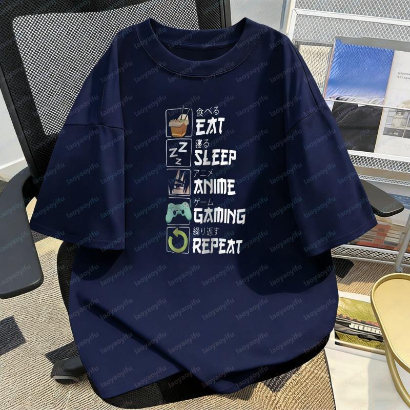 Eat Sleep Anime Gaming Repeat Pattern Funny Tops Anime Otaku Gift Retro Tee Creative Trend Casual Style Camisetas Shirt for Men