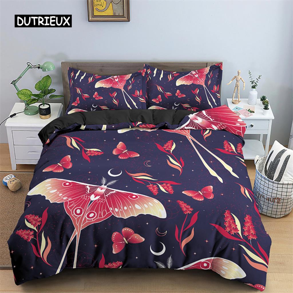 Комплект постельного белья с бабочками, полный размер King Size, хиппи, бохо, моль, пододеяльник из микрофибры, анималистичный, ботанический, психоделический, звездное небо, пододеяльник