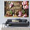2D Cowgirl Happy Birthday Photography Backdrop, Rustic Wood & Cactus Themed Party Banner