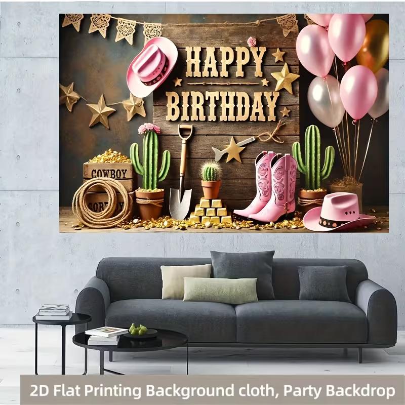 2D Cowgirl Happy Birthday Photography Backdrop, Rustic Wood & Cactus Themed Party Banner