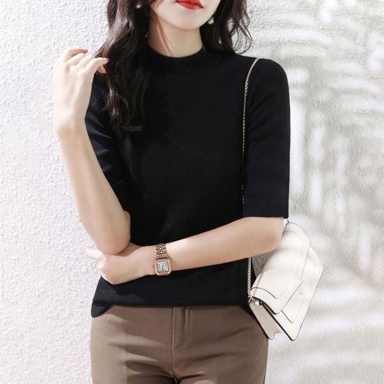 Women Sweater Half High Collar Half Sleeve Knitting Tops Solid Color Slim Fit Sweater Tops Commuting Street Wear