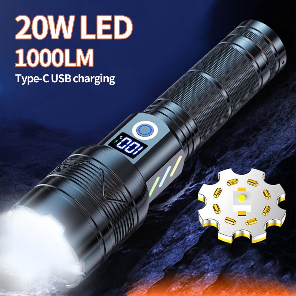20W LED Outdoor Zoom Torch 1000LM USB Rechargeable Powerful Handheld Flash Light Telescopic Zoom for Camping Hiking Emergencies