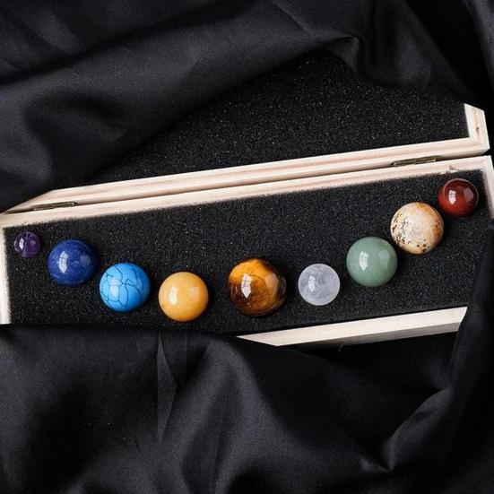 Faux Crystal 9 Planets Ball Solar Sun System Rock with Wooden Box Realistic Looking Quartz Stones Beads Desktop Decoration