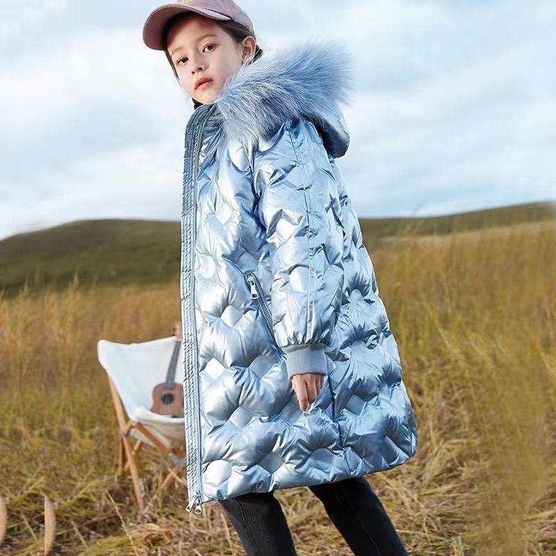 Зимняя мода No-Clean Белый утиный пух Детское длинное пальто Теплый меховой воротник для девочек Зимние куртки Детская верхняя одежда