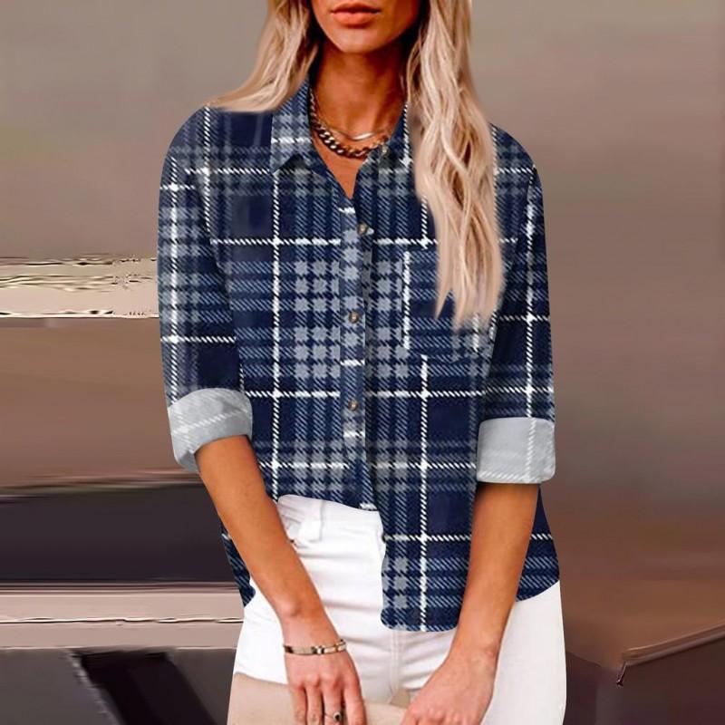 Womens Relaxed Fit Long Sleeve Shirt With 3D Digital Print Plaid Casual Cotton Linen Blouse