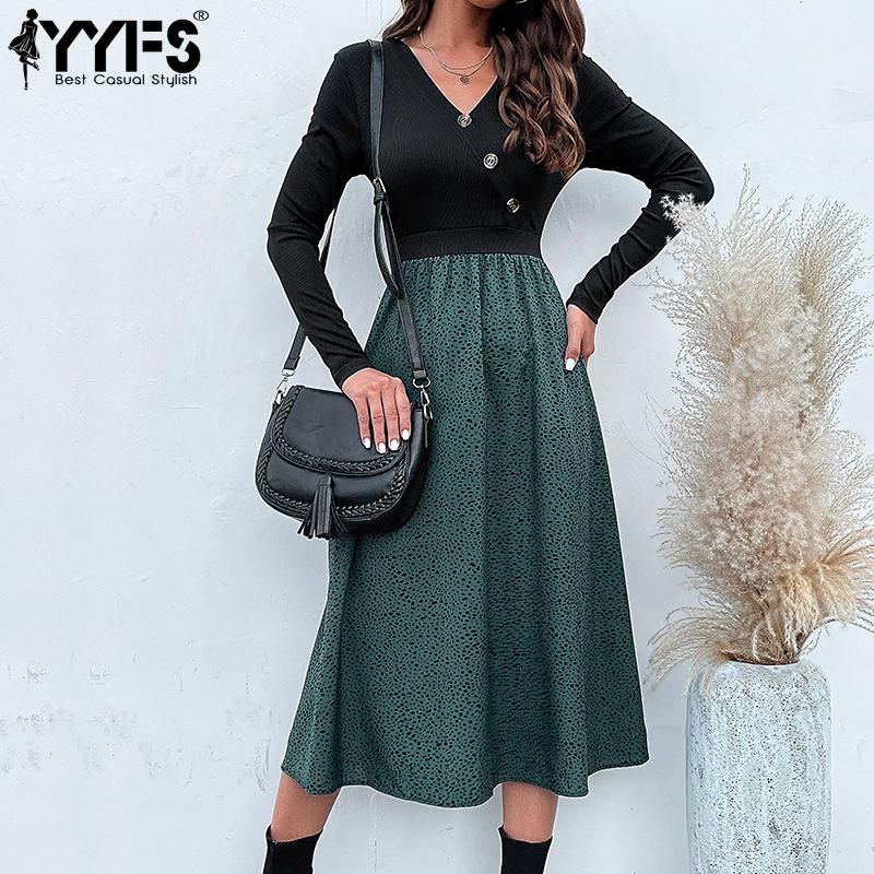 YYFS Женская мода весна-осень с принтом в горошек, длинным рукавом, V-образным вырезом, высокой талией, повседневные платья