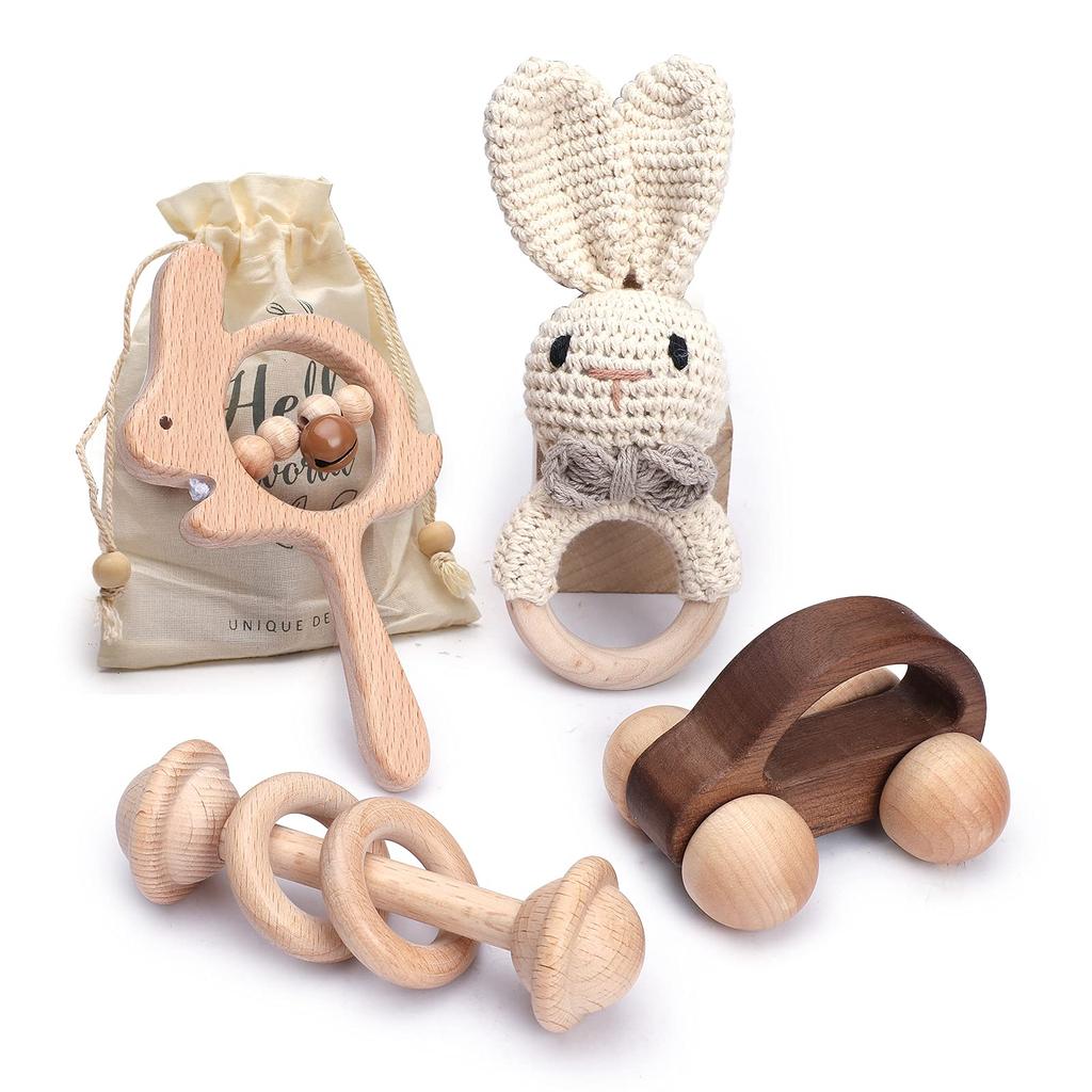 Make Baby Wooden Rattle Rattle Rabbit Set of 4 Baby Toy Baby Gift Boys Girls Unpainted Infant Mini Car Gift Present Educational Toy Let's