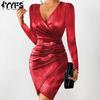 Women's Fashion Spring Autumn Solid Color Print Long Sleeve V-Neck Sexy Casual Dresses Cocktail & Evening Dresses