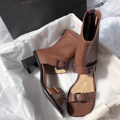 2025 Новые женские сапоги Летние Новые Квадратный носок Неглубокий вырез Пряжка на ремне До середины икры Эластичные сапоги