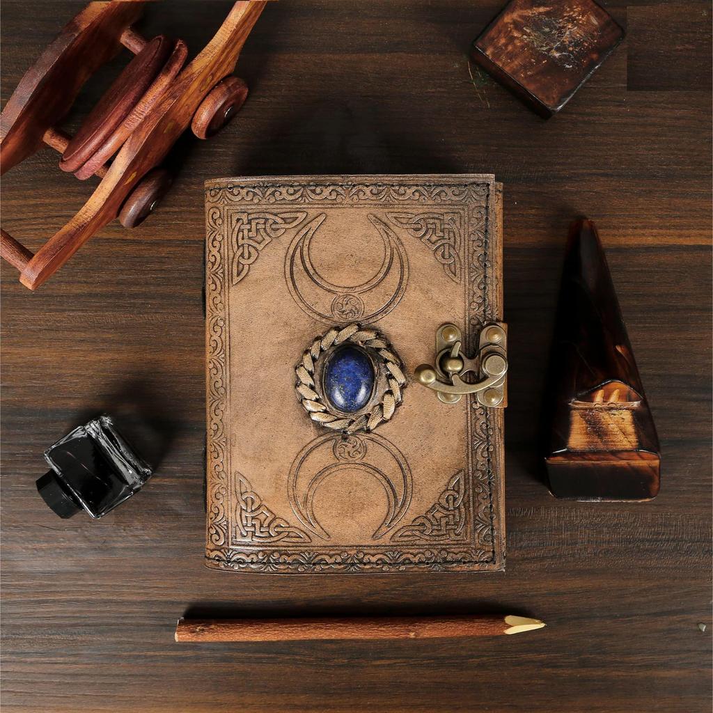Handmade Vintage Leather Journal Triple Moon Studded with Semi Precious Stone. Lock Closure Diary