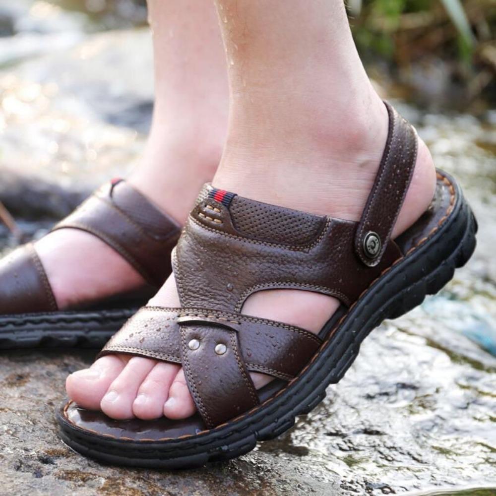 Summer Men's Casual Slippers Trendy Beach Shoes Men's Fashion Breathable Full Grain Leather Cowhide Sandals