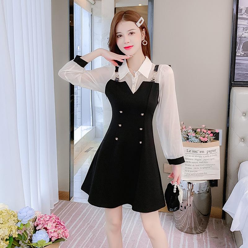 Весеннее новое платье-обманка из двух частей, женская одежда, весеннее, с завышенной талией, тонкое, с низом в виде маленькой черной юбки