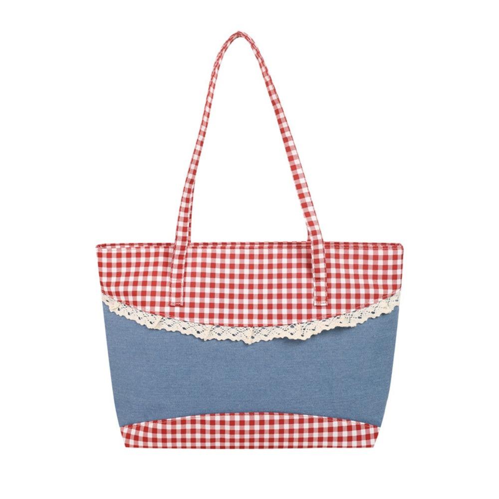 Rural Style Lace Bow Shoulder Bag Lattice Commuting Tote Bag Portable Denim Plaid Handbag  Women