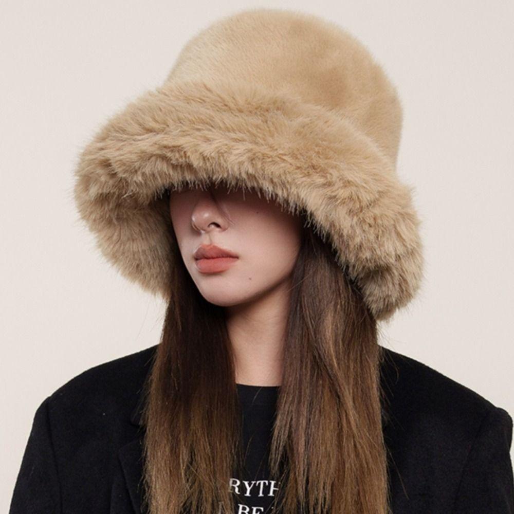 Imitation Fur Plush Bucket Hat Fluffy Hat Winter Cap Elegant Artificial Fur Hat Female/Girls
