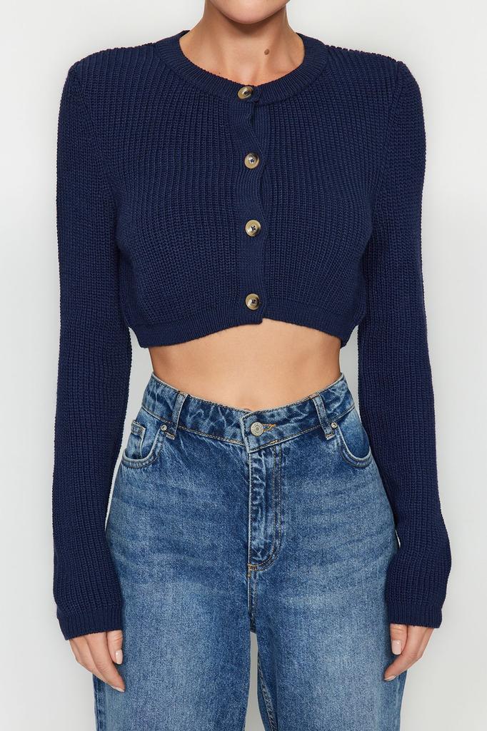 Women's Fashion Stylish Cardigan Navy Blue Super Crop Basic Knitwear Cardigan