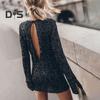 Women Dress Shiny Sequin Hollow Out Back Long Sleeve Loose Round Neck Split Cuff Sheath Individual Streetwear Club Party Dance Mini Dress