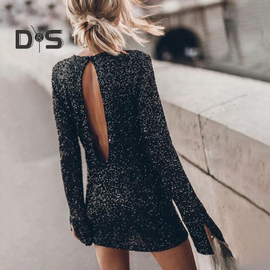 Women Dress Shiny Sequin Hollow Out Back Long Sleeve Loose Round Neck Split Cuff Sheath Individual Streetwear Club Party Dance Mini Dress