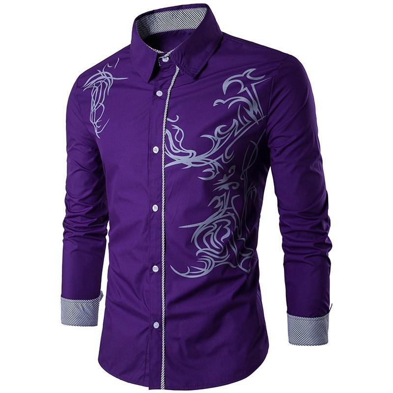 Men Tribal Vine Print Lapel Full Button Long Sleeve Contrast Cuff Dress Shirt