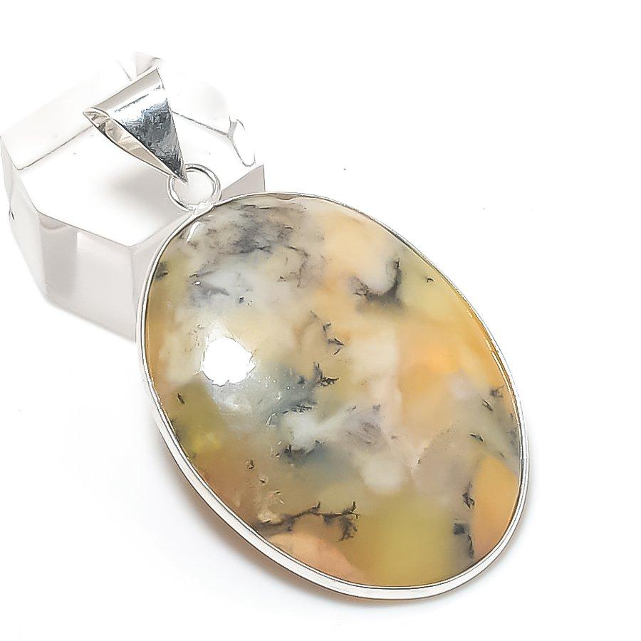 Natural Honey Dendritic Gemstone 925 Sterling Silver Jewelry Pendant 1.97" L3u19