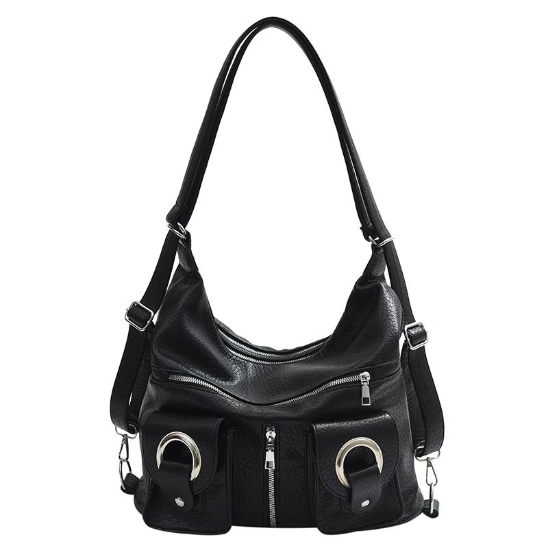 Сумка через плечо на молнии, однотонная, универсальная, наплечная, мягкая, дорожная сумка, сумка из искусственной кожи в мотоциклетном стиле, новый продукт