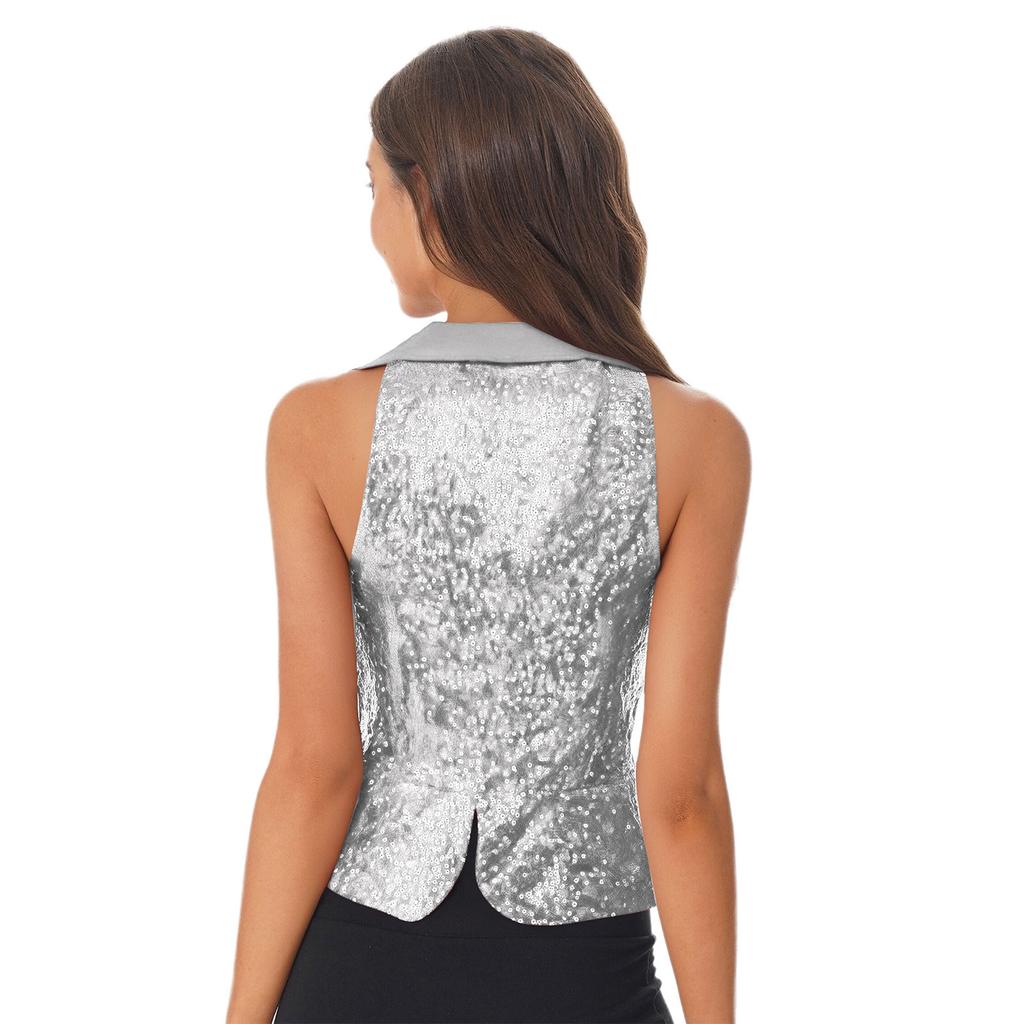 Женский стильный однотонный жилет с лацканами, без рукавов, с блестящими пайетками, вечерний топ для вечеринки, наряд для ночного клуба